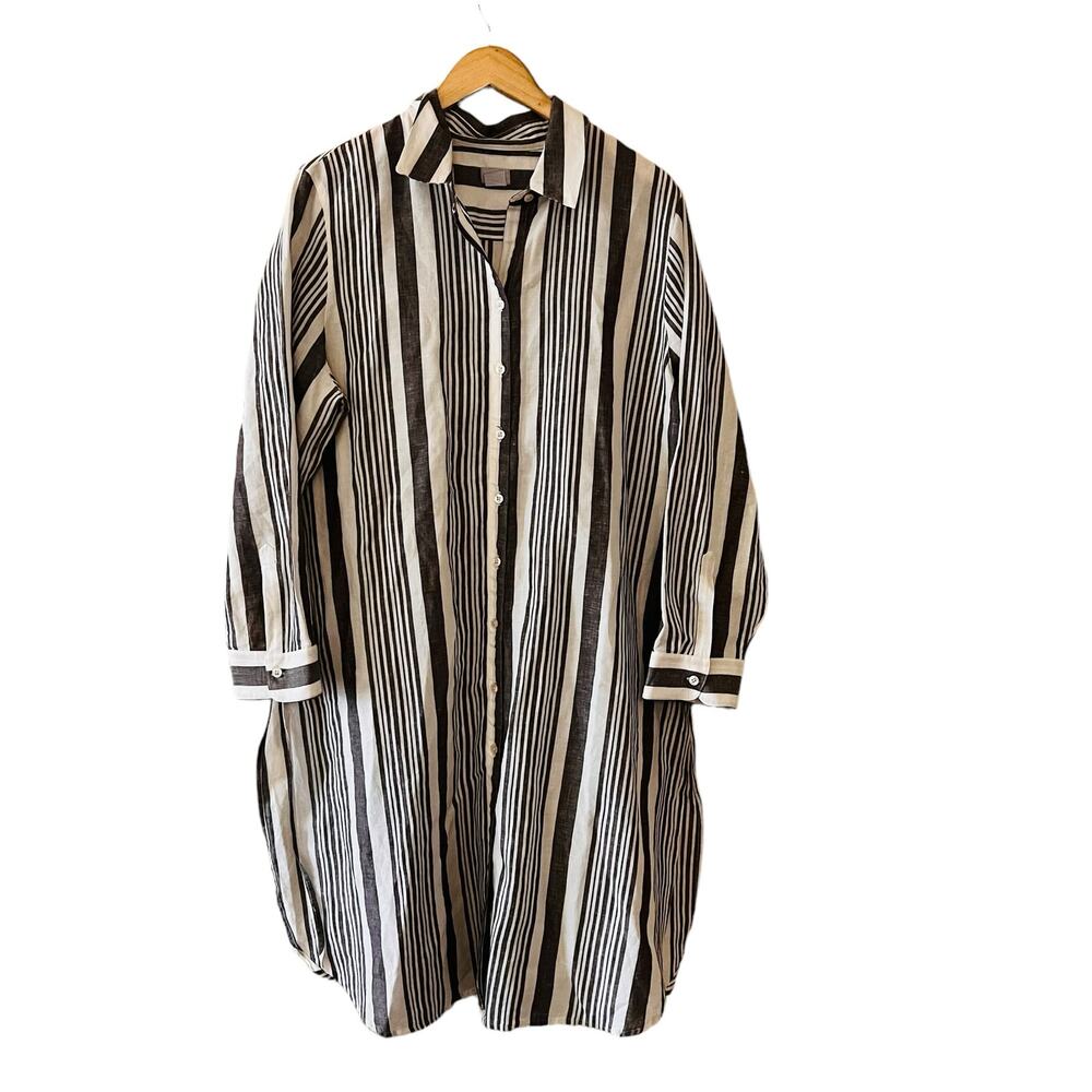 Chico’s Linen Cotton Striped Long Sleeve Maxi Shirt 16P black white cream grey